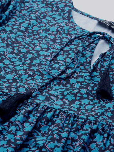 Ditsy Floral Printed Tie-Up Neck Gathered Mini Dress